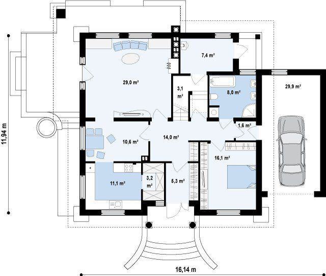 Het project van een houten huis met een garage en een penthouse tot 100-200 vierkante meter. m (foto)